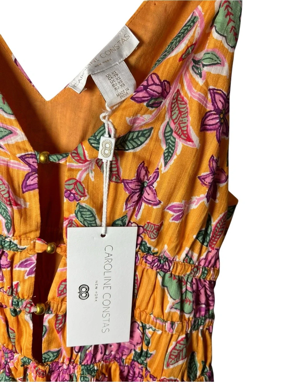 Caroline Constas Yellow Floral Smocked V-Neck Midi Dress NWT XS Boho Resort